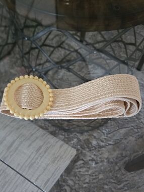 XL New Elastic Woven Neutral Belt with Decorative Beaded Buckle - Cream